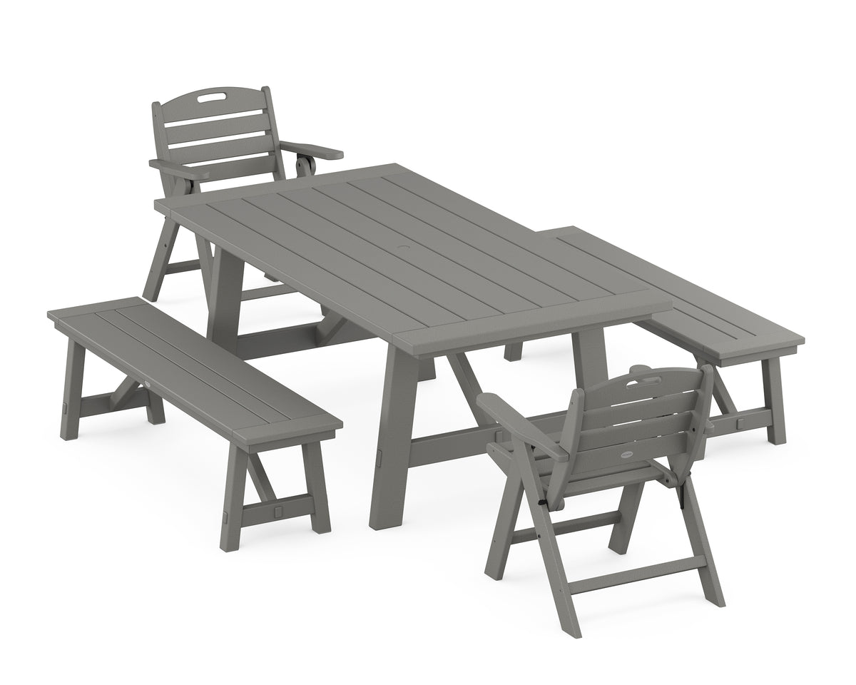 POLYWOOD Nautical Folding Lowback Chair 5-Piece Rustic Farmhouse Dining Set with Benches in Slate Grey