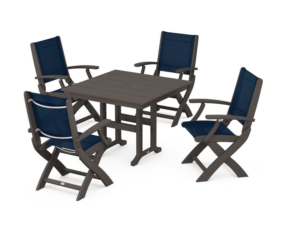 POLYWOOD Coastal Folding Chair 5-Piece Farmhouse Dining Set in Vintage Coffee / Navy Blue