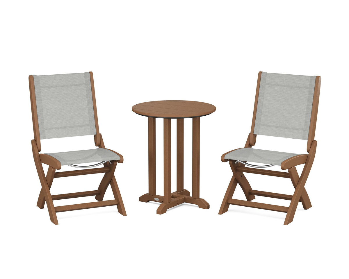 POLYWOOD Coastal Folding Side Chair 3-Piece Round Bistro Dining Set in Teak / Metallic