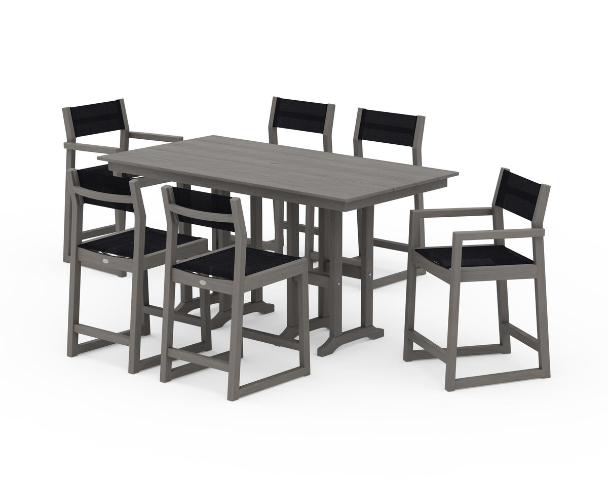 POLYWOOD EDGE Sling 7-Piece Farmhouse Counter Set with Trestle Legs in Driftwood / Black