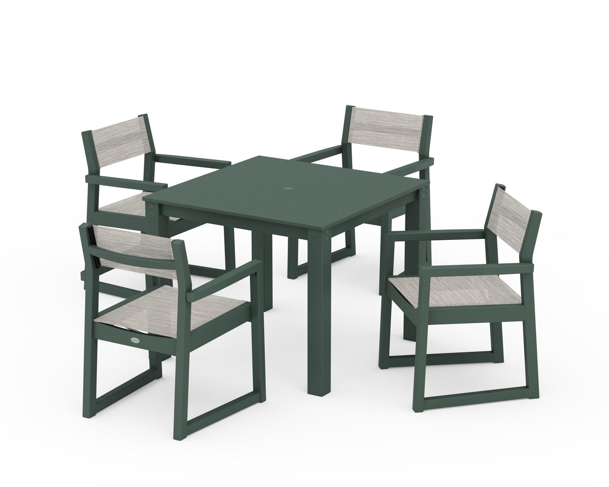 POLYWOOD EDGE Sling Arm Chair 5-Piece Parsons Dining Set in Green / Birch