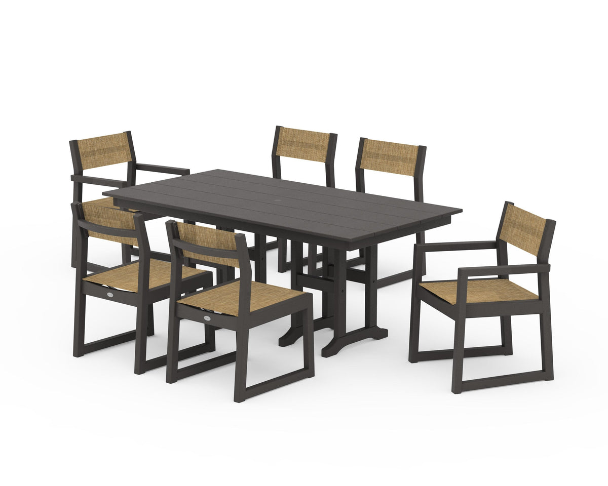POLYWOOD EDGE Sling 7-Piece Farmhouse Dining Set in Vintage Coffee / Burlap