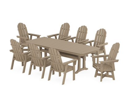 POLYWOOD Vineyard Curveback Adirondack Swivel 9-Piece Dining Set with Trestle Legs in Vintage Sahara