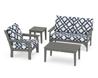 POLYWOOD Vineyard 4-Piece Deep Seating Set with 36" Coffee Table in Slate Grey / Trellis Marine Indigo
