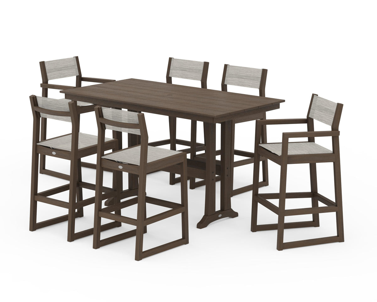 POLYWOOD EDGE Sling 7-Piece Farmhouse Bar Set with Trestle Legs in Kona / Birch