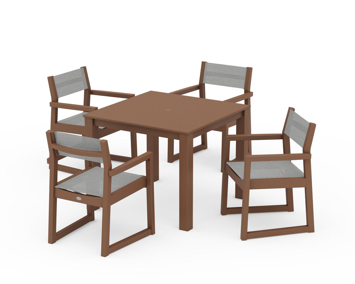 POLYWOOD EDGE Sling Arm Chair 5-Piece Parsons Dining Set in Teak / Metallic