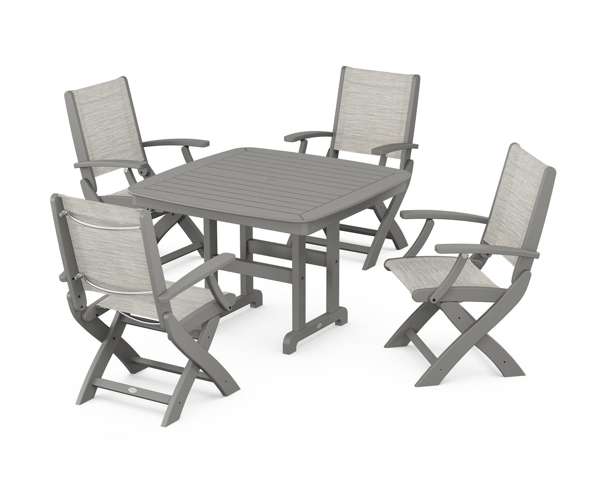POLYWOOD Coastal Folding Chair 5-Piece Dining Set with Nautical 44" Dining Table in Slate Grey / Birch