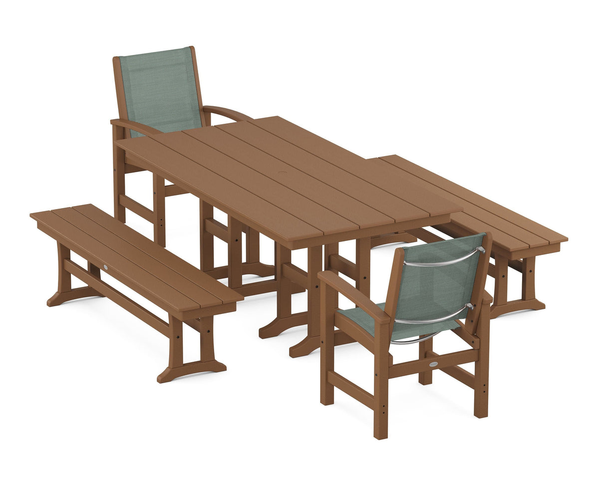 POLYWOOD Coastal 5-Piece Farmhouse Dining Set with Farmhouse 37" x 72" Dining Table in Teak / Dupioni Sea Mist