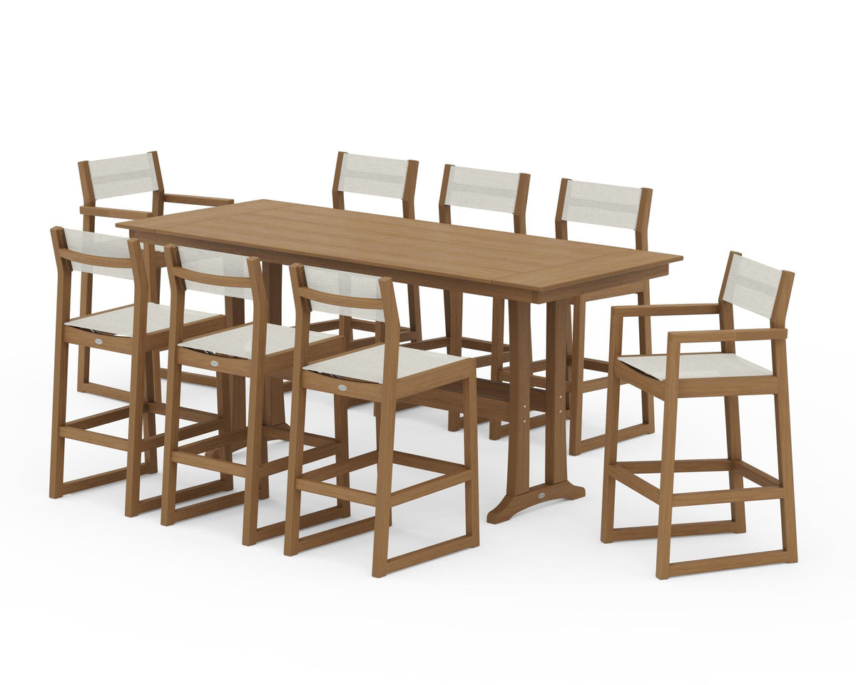 POLYWOOD EDGE Sling 9-Piece Farmhouse Bar Set with Trestle Legs in Natural / Parchment