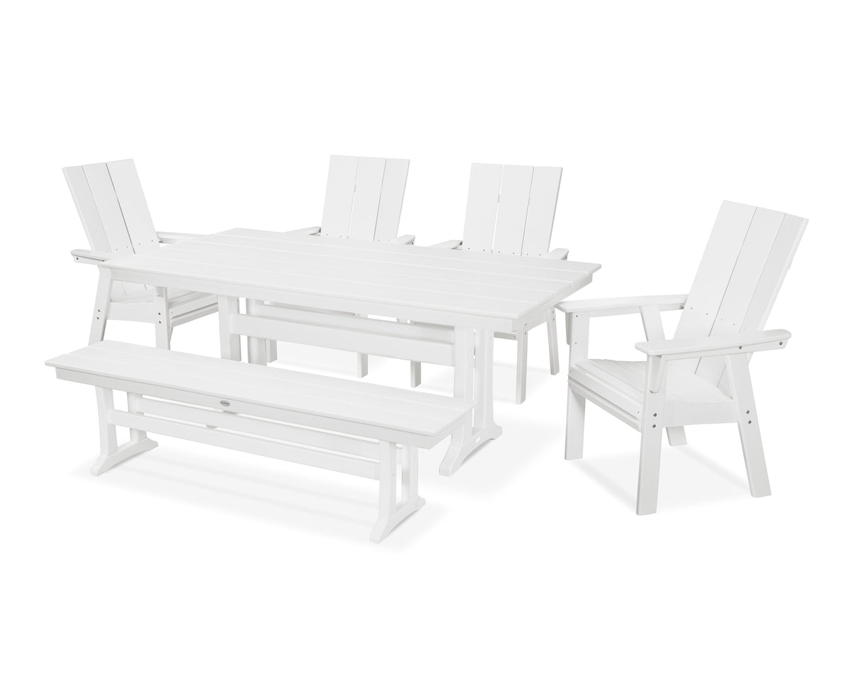 POLYWOOD Modern Curveback Adirondack 6-Piece Farmhouse Dining Set with Trestle Legs and Bench - 37" x 72" Table in White
