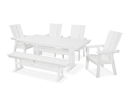 POLYWOOD Modern Curveback Adirondack 6-Piece Farmhouse Dining Set with Trestle Legs and Bench - 37" x 72" Table in White