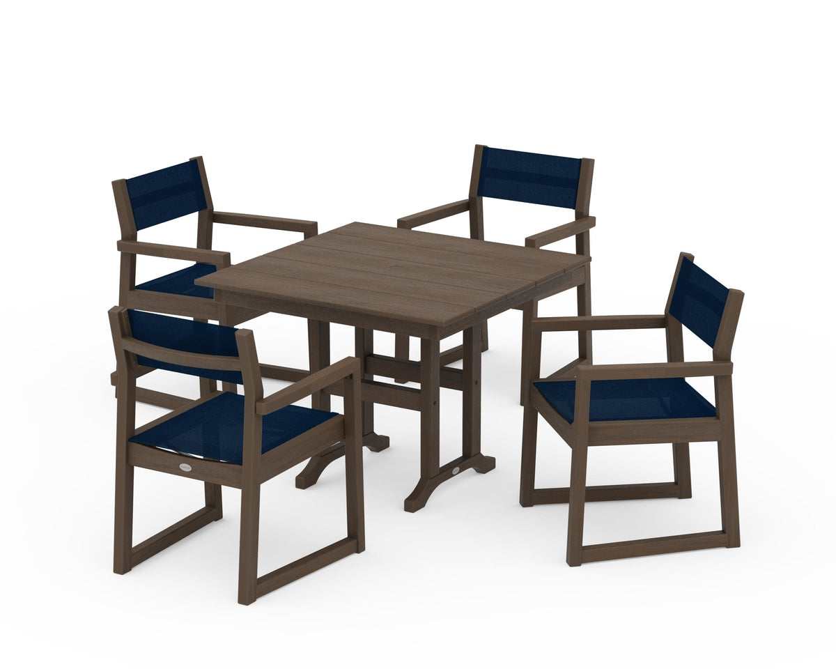 POLYWOOD EDGE Sling Arm Chair 5-Piece Farmhouse Dining Set in Kona / Navy Blue