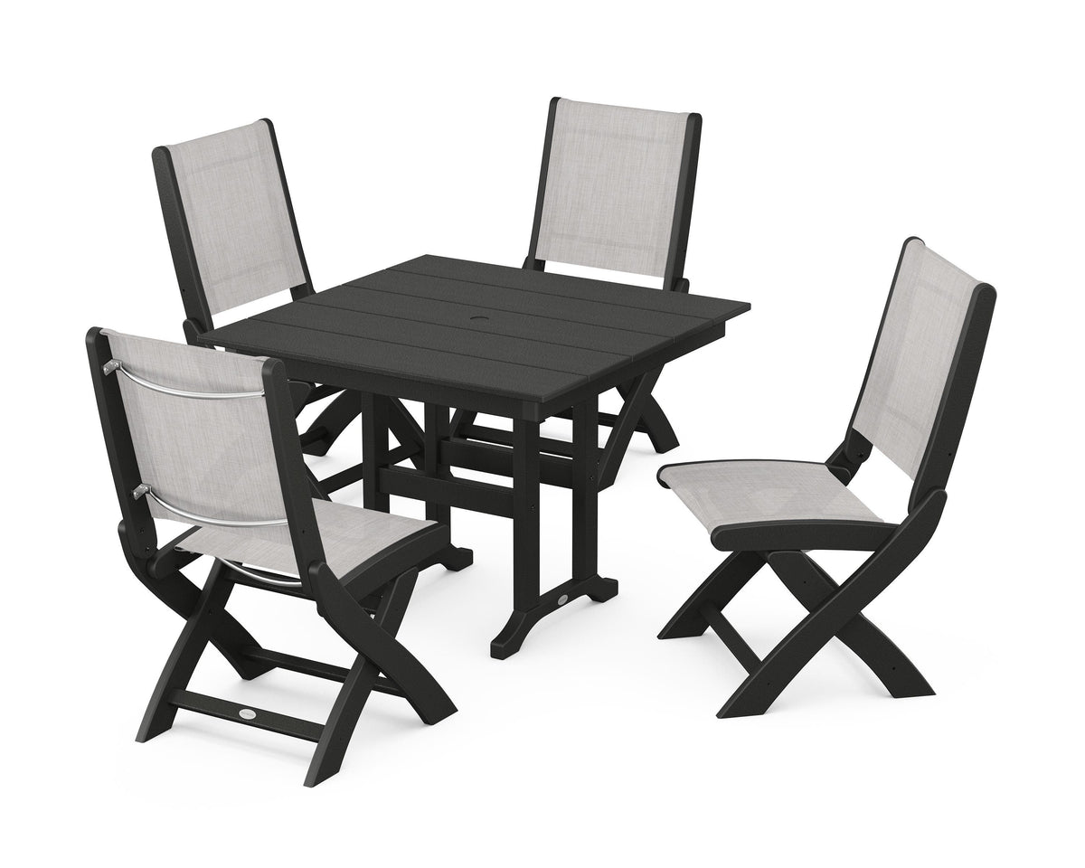 POLYWOOD Coastal Folding Side Chair 5-Piece Farmhouse Dining Set in Black / Parchment