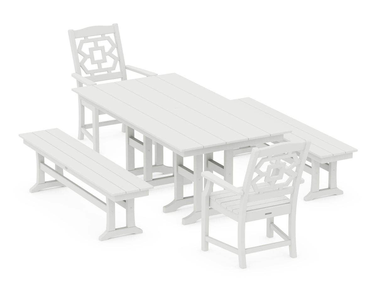 POLYWOOD Chinoiserie 5-Piece Farmhouse Dining Set with Benches in Vintage White