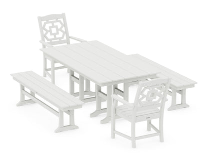 POLYWOOD Chinoiserie 5-Piece Farmhouse Dining Set with Benches in Vintage White