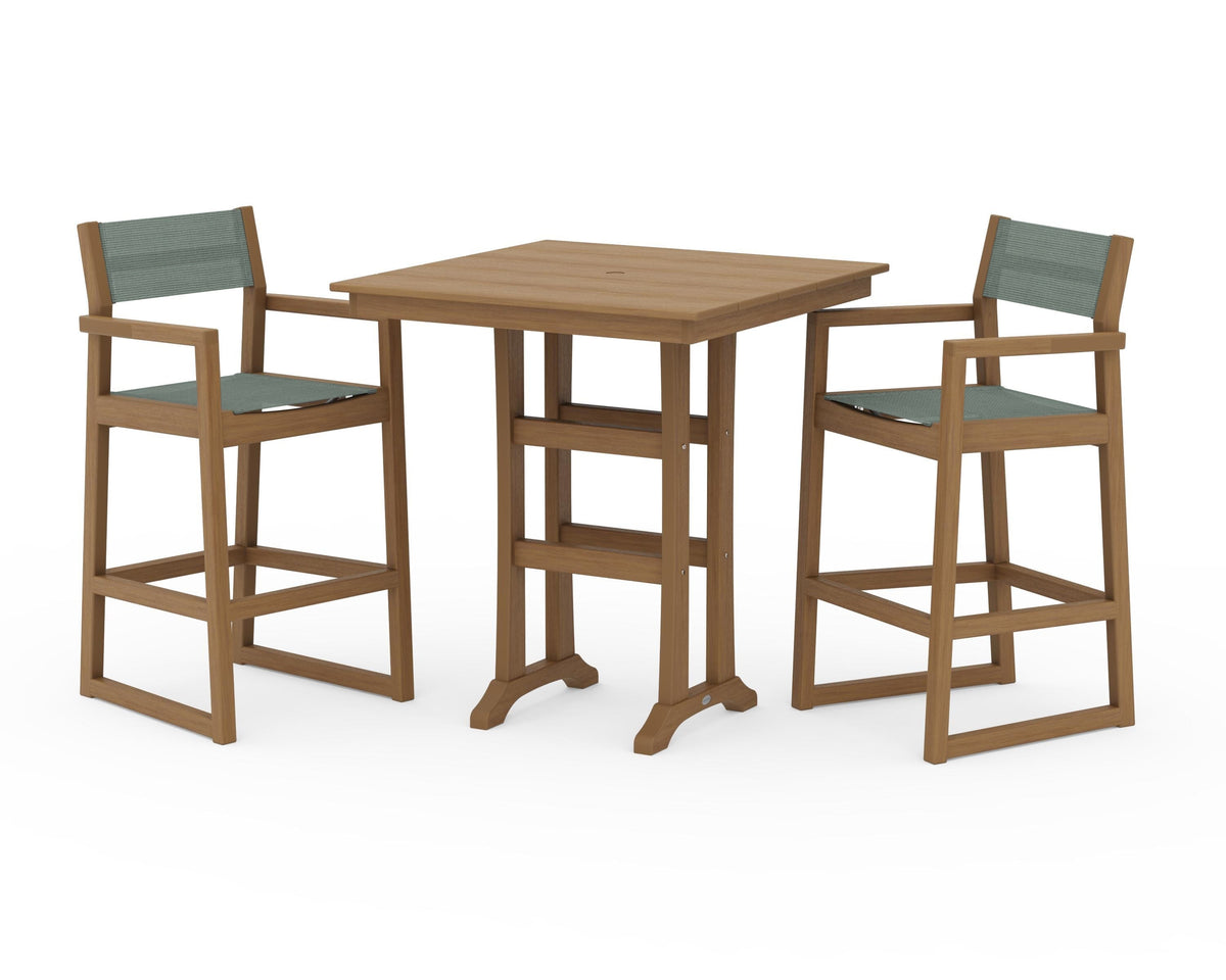 POLYWOOD EDGE Sling Arm Chair 3-Piece Farmhouse Bar Set with Trestle Legs in Natural / Dupioni Sea Mist