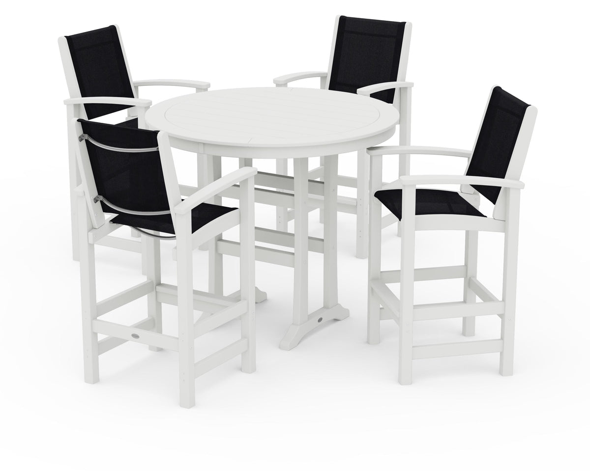 POLYWOOD Coastal 5-Piece Nautical Trestle Bar Set in Vintage White / Black