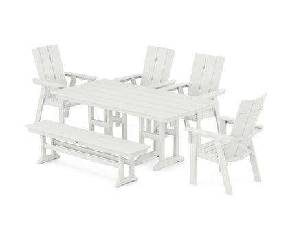 POLYWOOD Modern Curveback Adirondack 6-Piece Farmhouse Dining Set with Bench in White