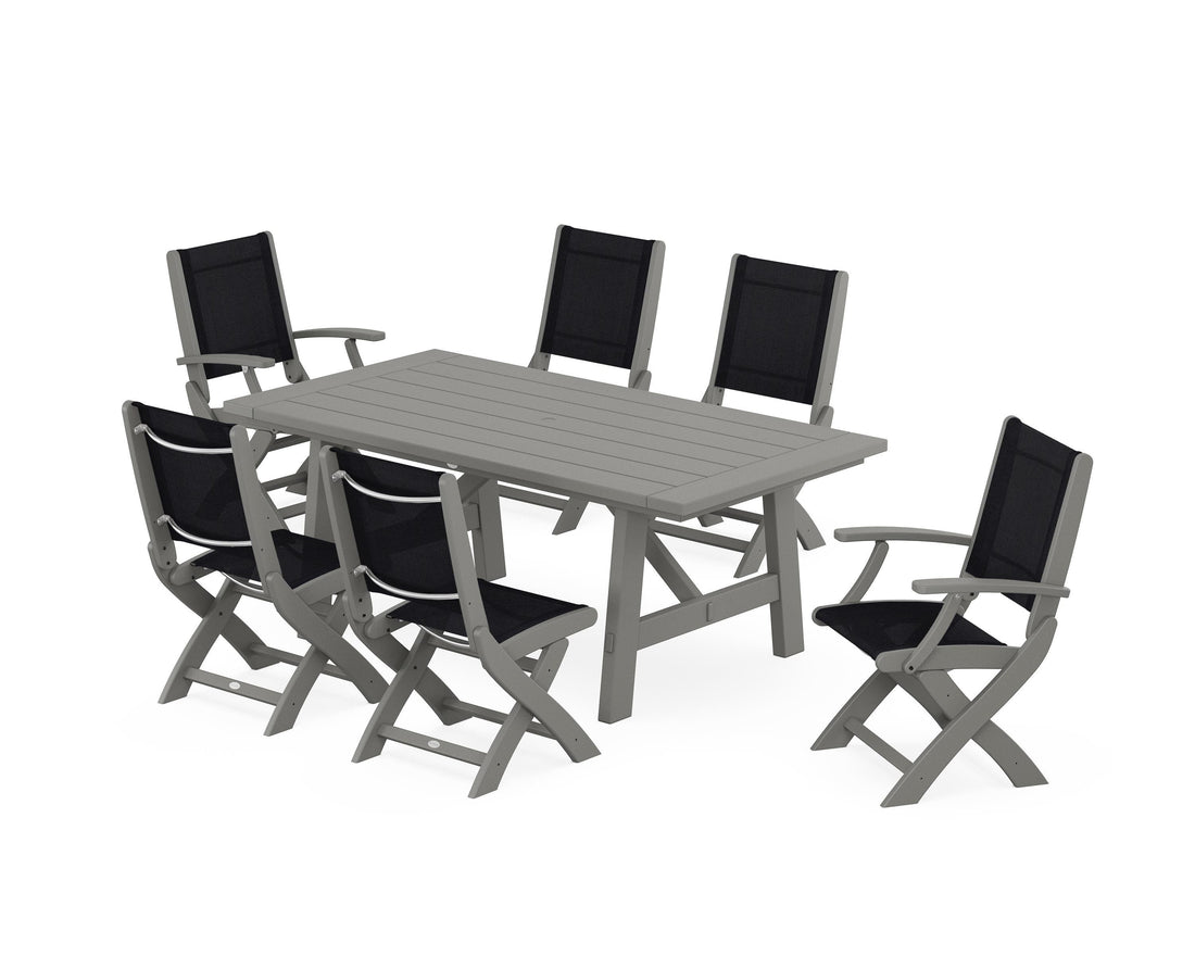 POLYWOOD Coastal Folding Chair 7-Piece Rustic Farmhouse Dining Set in Slate Grey / Black
