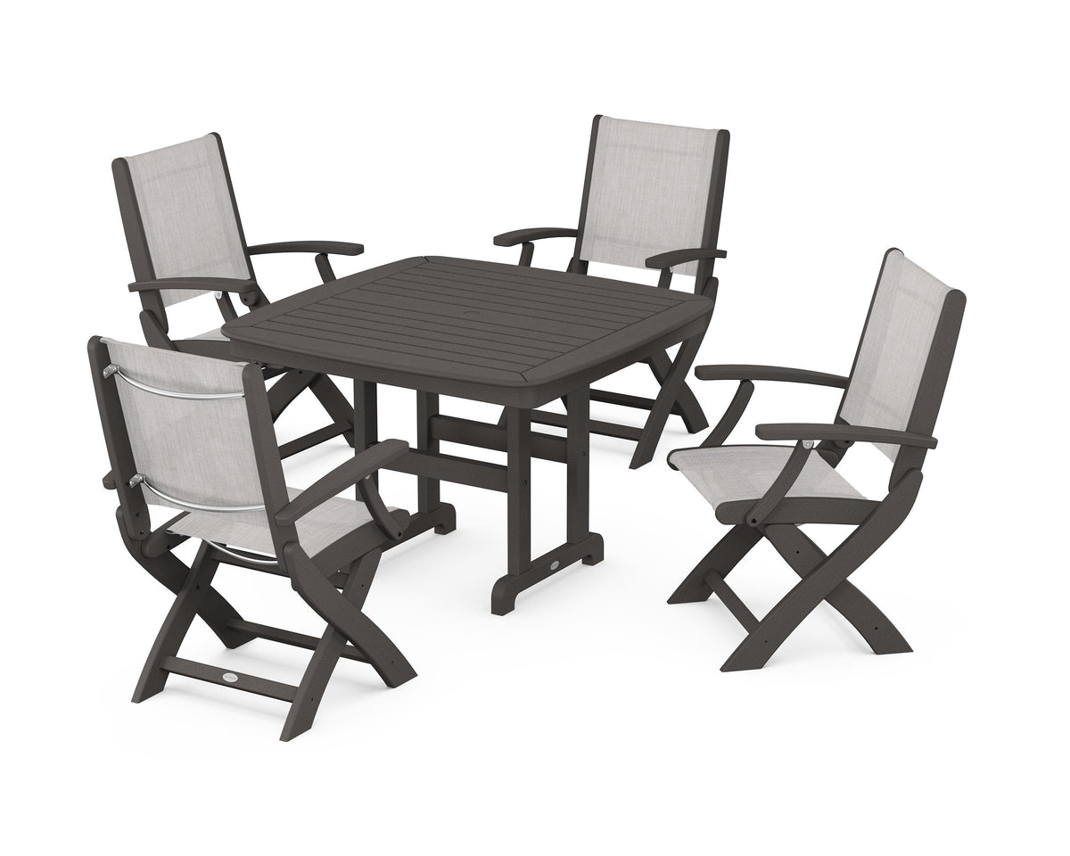 POLYWOOD Coastal Folding Chair 5-Piece Dining Set with Nautical 44" Dining Table in Vintage Coffee / Parchment