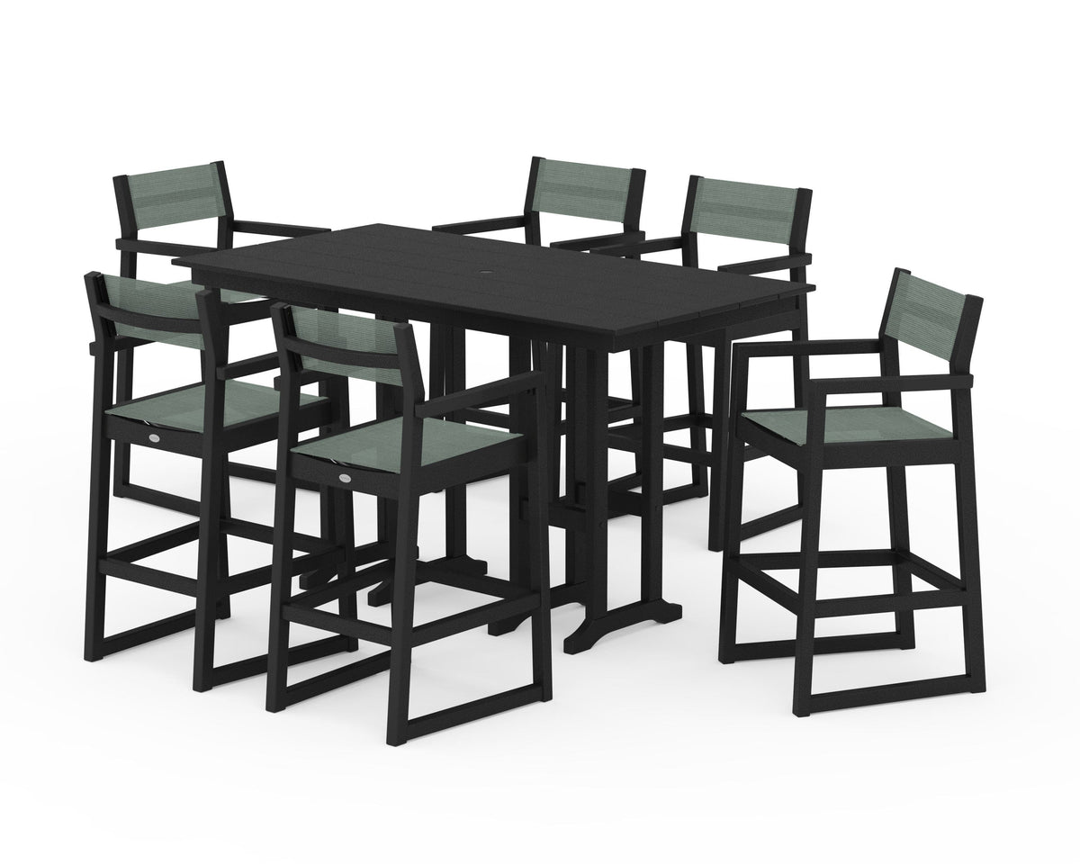 POLYWOOD EDGE Sling Arm Chair 7-Piece Farmhouse Bar Set in Black / Dupioni Sea Mist
