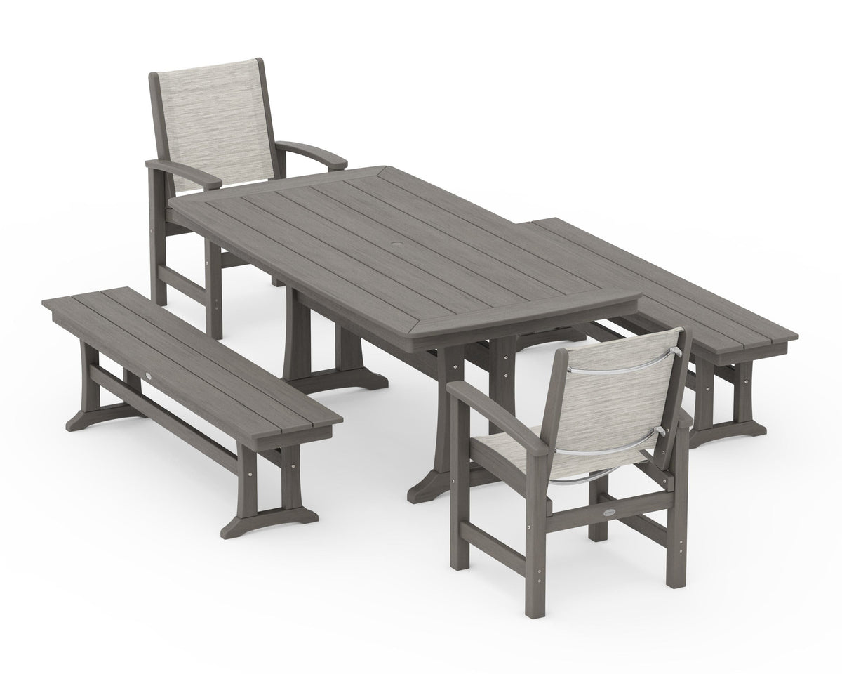 POLYWOOD Coastal 5-Piece Dining Set with Trestle Legs and Benches in Driftwood / Birch