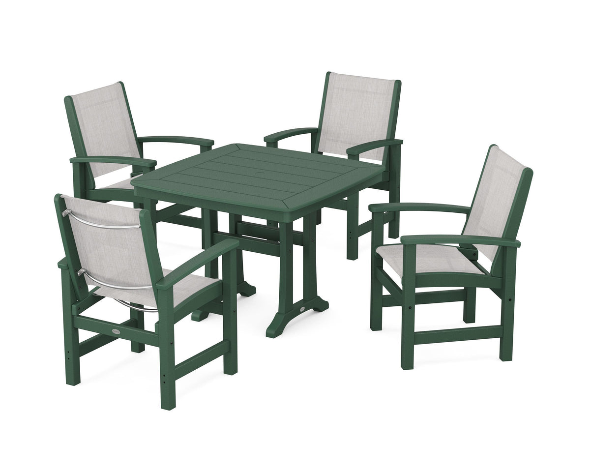 POLYWOOD Coastal 5-Piece Dining Set with Trestle Legs with Nautical Trestle 37" Dining Table in Green / Parchment