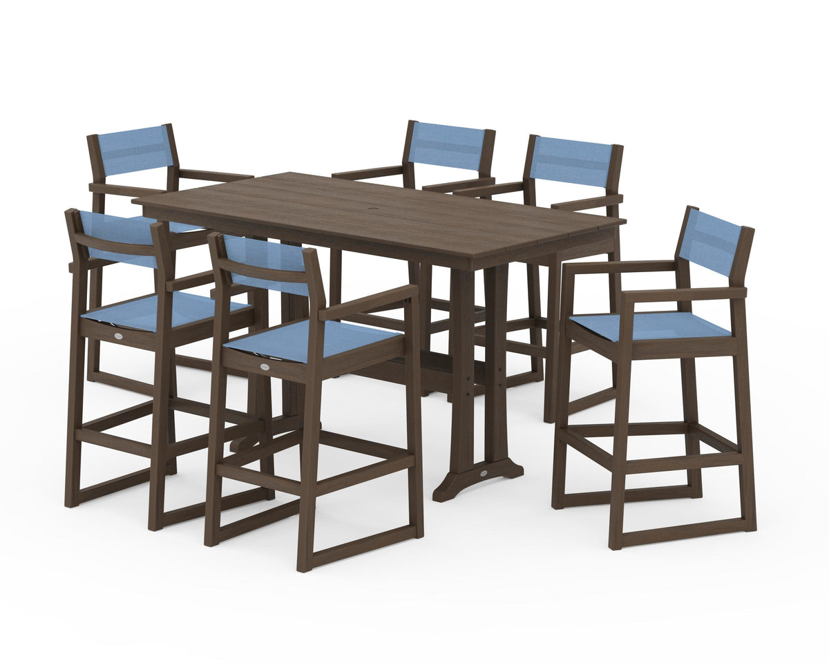 POLYWOOD EDGE Sling Arm Chair 7-Piece Farmhouse Bar Set with Trestle Legs in Kona / Poolside