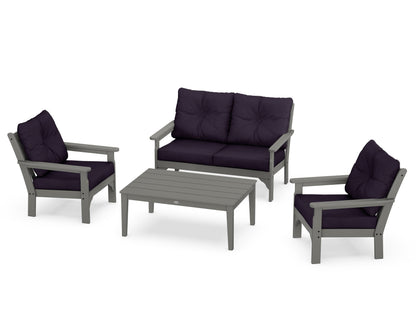 POLYWOOD Vineyard 4-Piece Deep Seating Set with Two Chairs and Loveseat in Slate Grey / Navy Linen