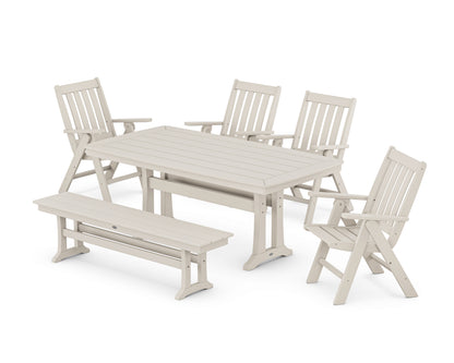 POLYWOOD Vineyard Folding Chair 6-Piece Dining Set with Trestle Legs and Bench in Sand