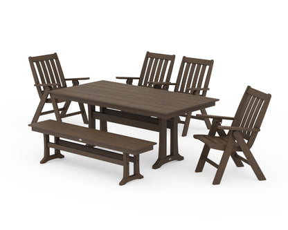 POLYWOOD Vineyard 6-Piece Folding Chair Farmhouse Dining Set with Trestle Legs and Bench in Kona