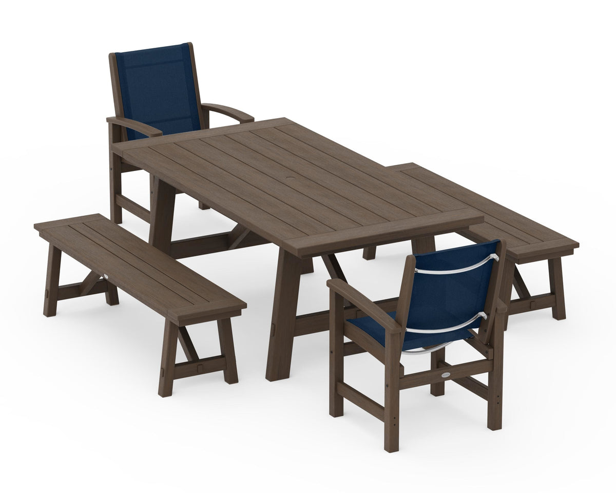 POLYWOOD Coastal 5-Piece Rustic Farmhouse Dining Set With Benches in Kona / Navy Blue