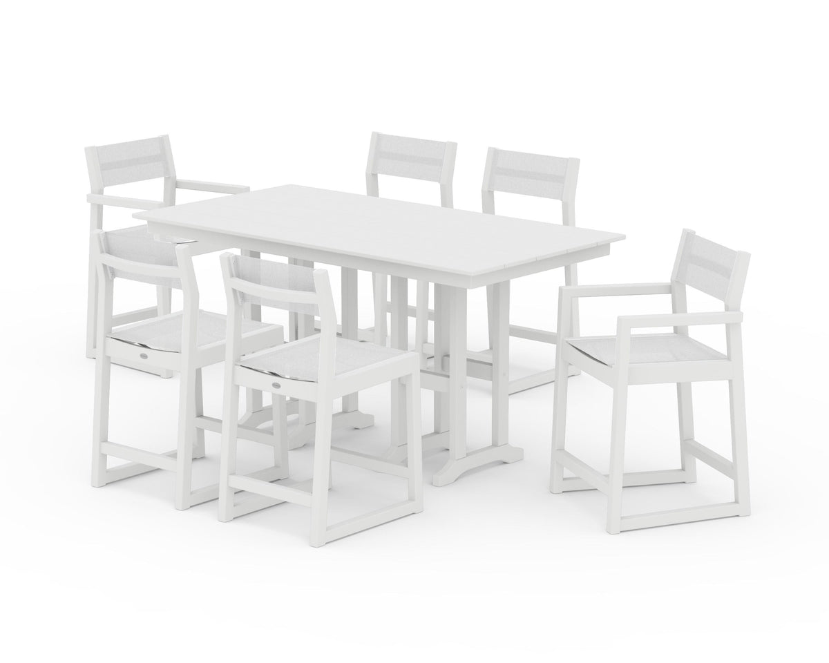 POLYWOOD EDGE Sling 7-Piece Farmhouse Counter Set with Trestle Legs in White / White