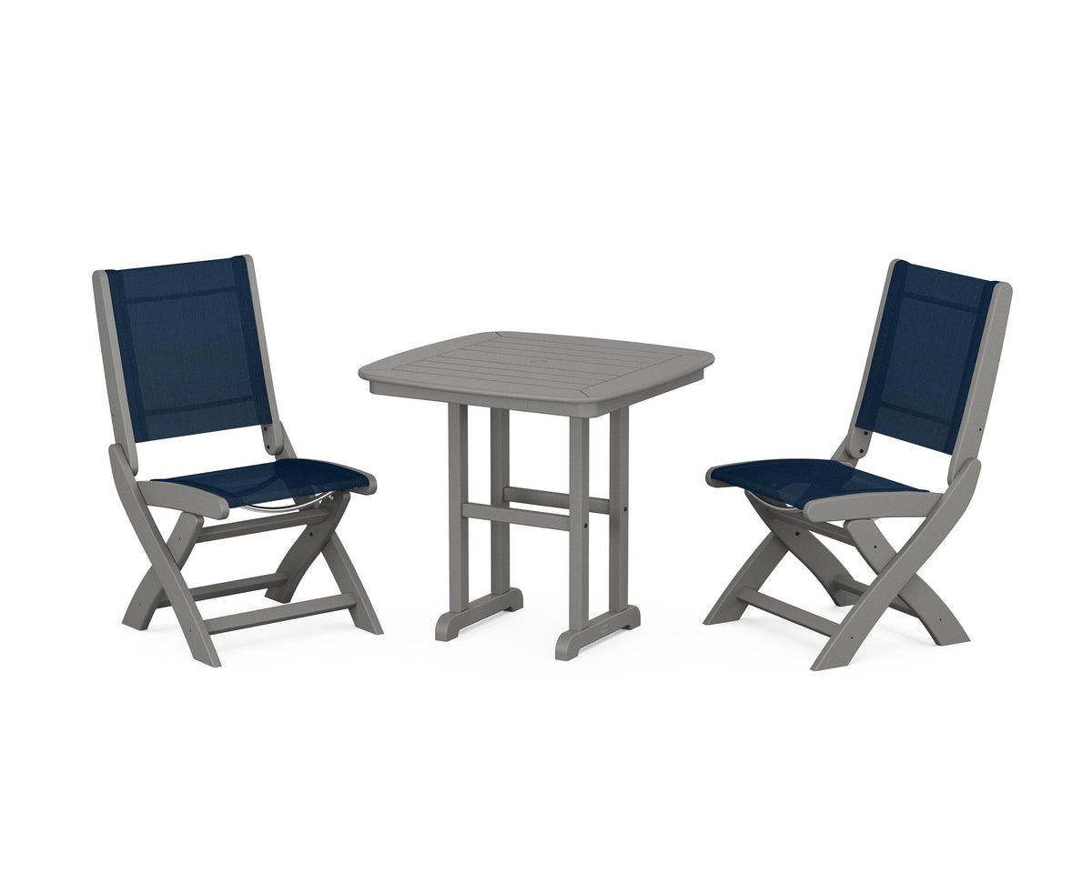 POLYWOOD Coastal Folding Side Chair 3-Piece Dining Set in Slate Grey / Navy Blue