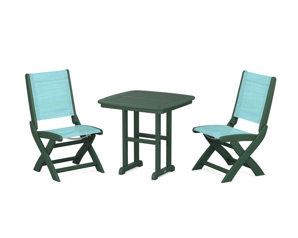 POLYWOOD Coastal Folding Side Chair 3-Piece Dining Set in Green / Dupioni Aquamarine