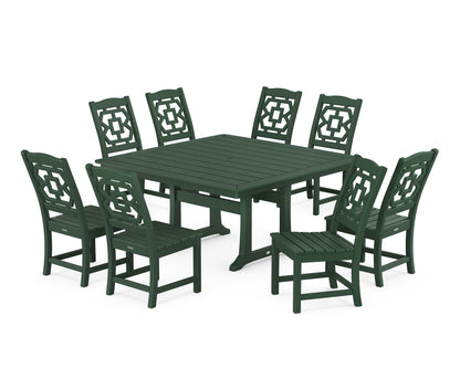 POLYWOOD Chinoiserie 9-Piece Square Side Chair Dining Set with Trestle Legs in Green
