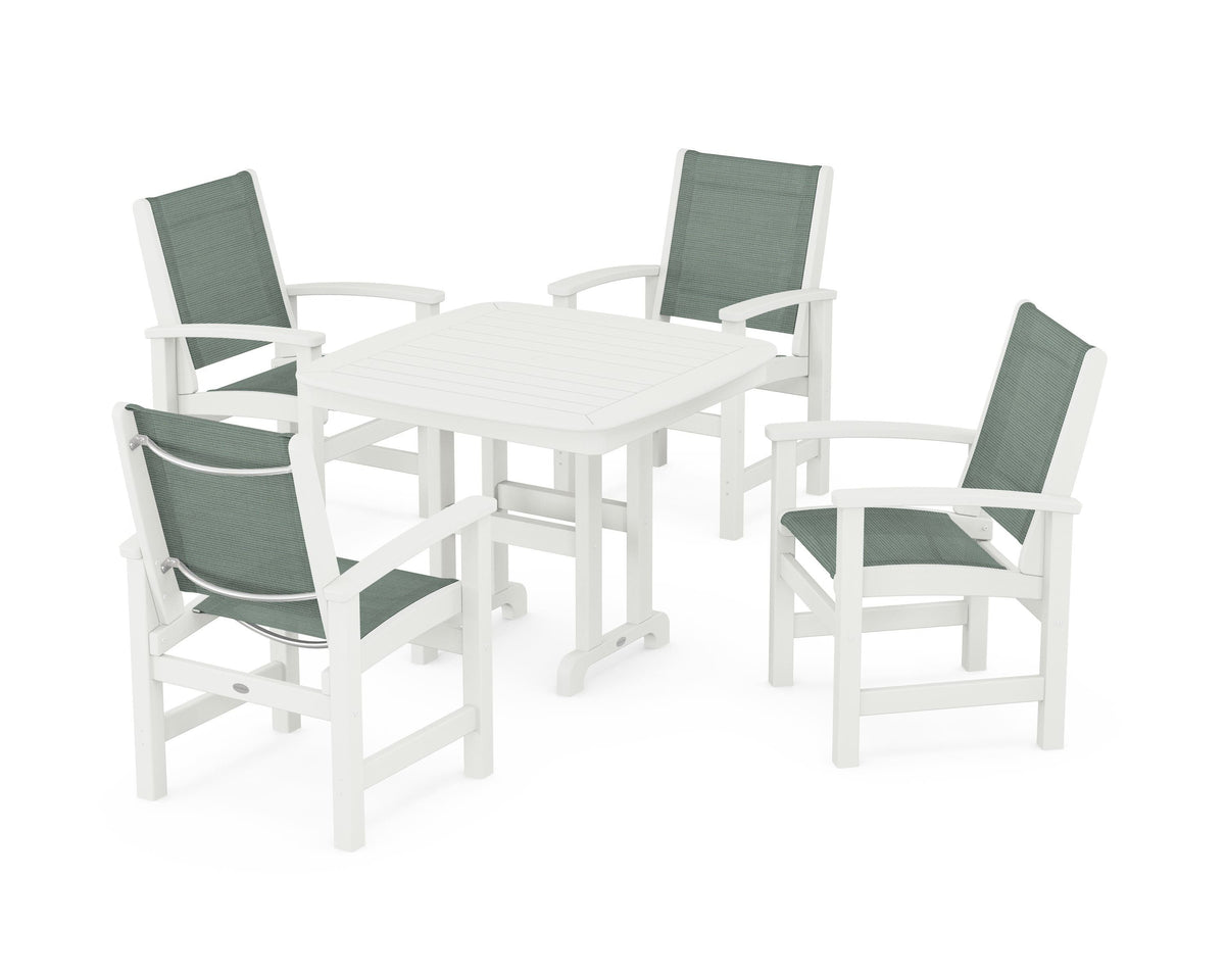 POLYWOOD Coastal 5-Piece Dining Set with Nautical 37" Dining Table in Vintage White / Dupioni Sea Mist