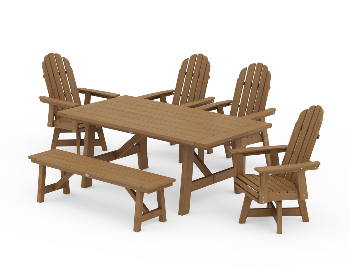 POLYWOOD Vineyard Curveback Adirondack Swivel Chair 6-Piece Rustic Farmhouse Dining Set with Bench in Natural