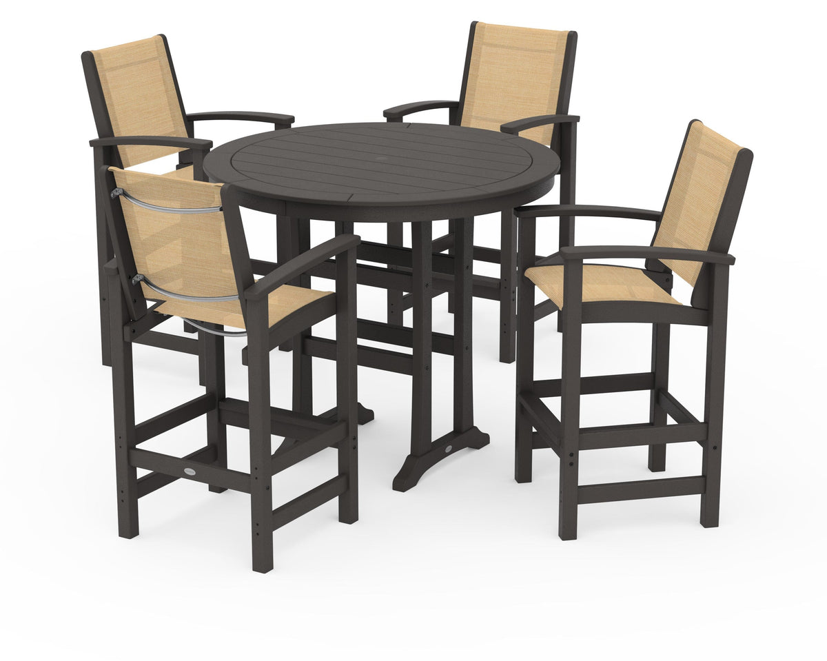 POLYWOOD Coastal 5-Piece Nautical Trestle Bar Set in Vintage Coffee / Dupioni Apricot