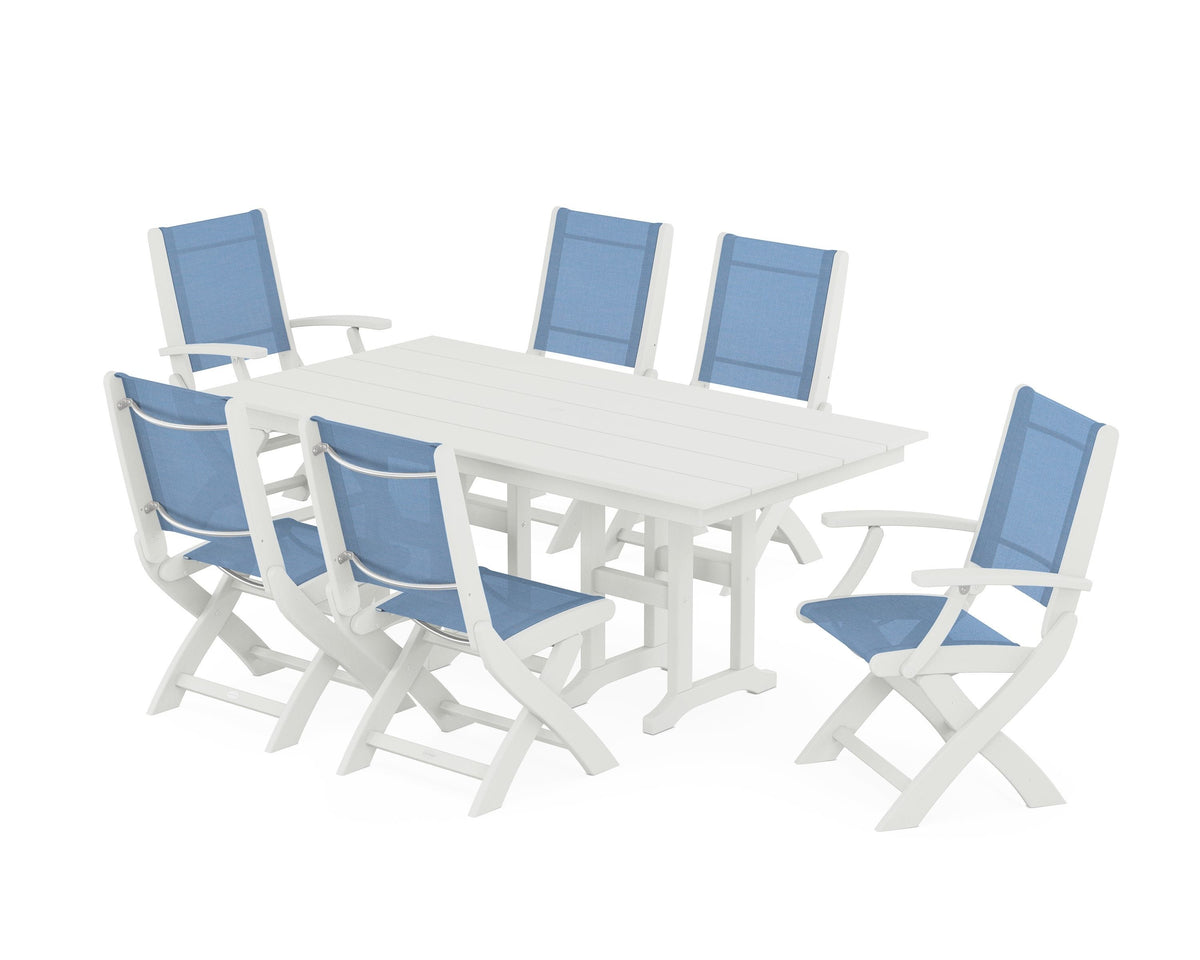 POLYWOOD Coastal Folding Chair 7-Piece Farmhouse Dining Set in Vintage White / Poolside