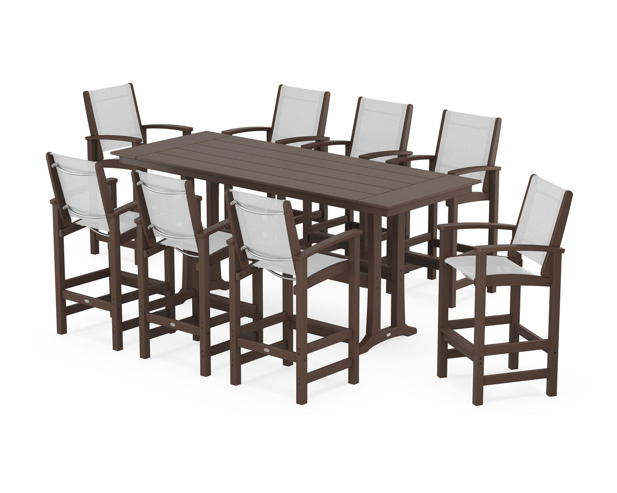 POLYWOOD Coastal 9-Piece Farmhouse Bar Set with Trestle Legs in Mahogany / White