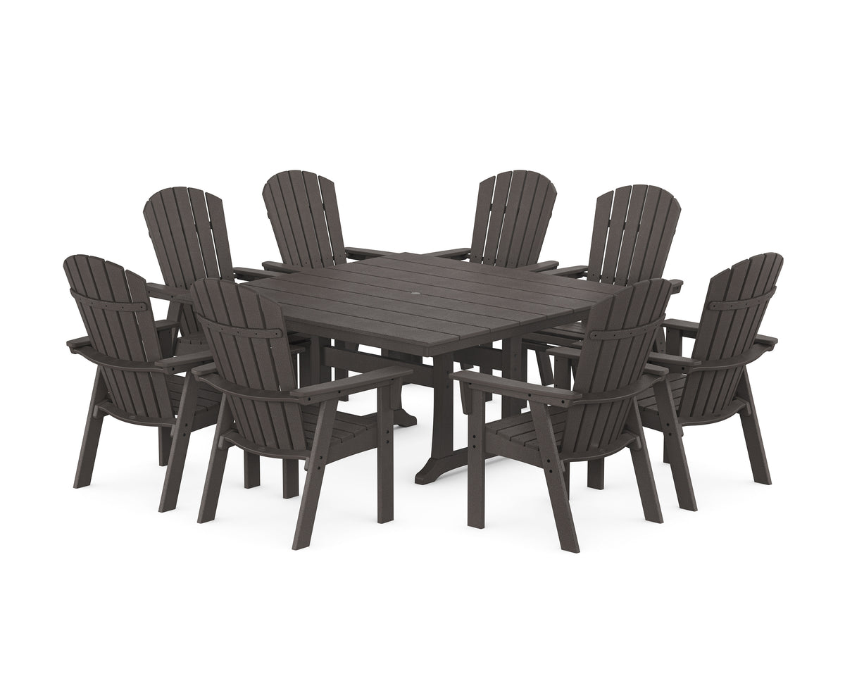 POLYWOOD Nautical Curveback Adirondack 9-Piece Square Dining Set with Trestle Legs in Vintage Coffee