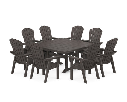 POLYWOOD Nautical Curveback Adirondack 9-Piece Square Dining Set with Trestle Legs in Vintage Coffee