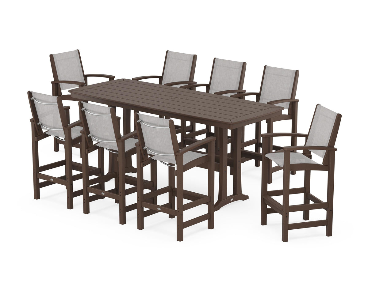 POLYWOOD Coastal 9-Piece Bar Set with Trestle Legs in Mahogany / Parchment
