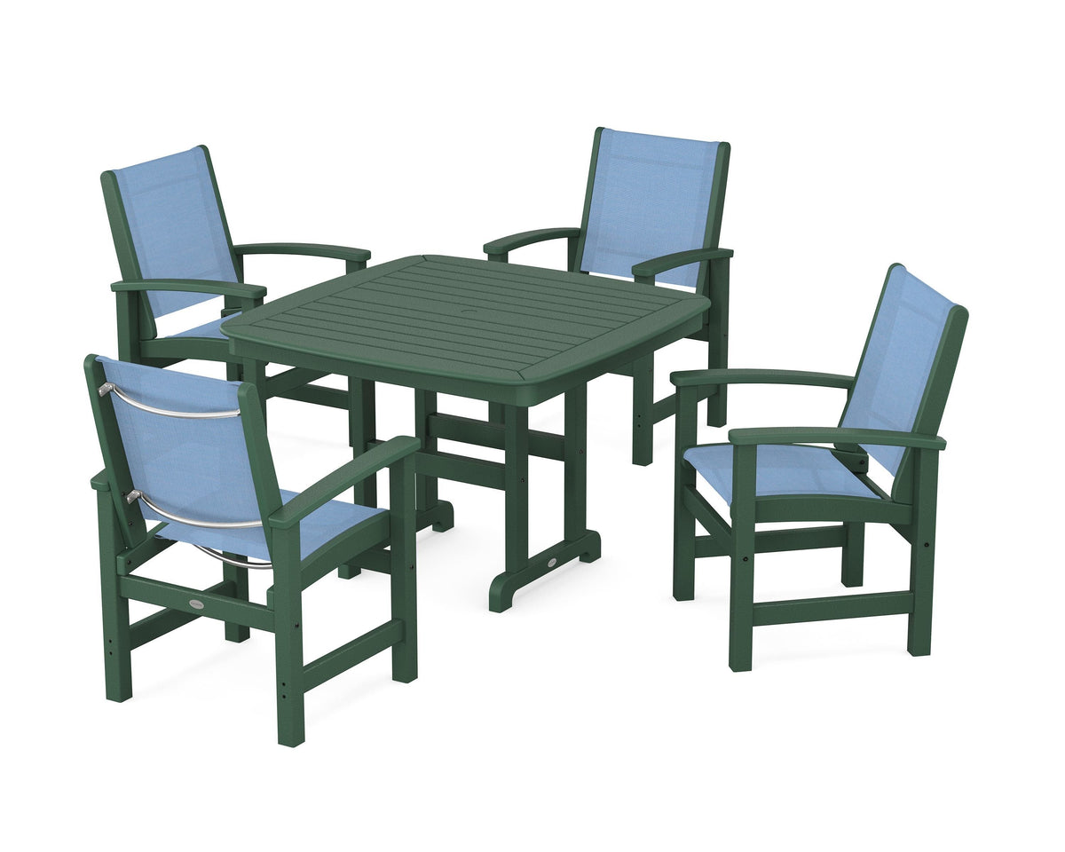 POLYWOOD Coastal 5-Piece Dining Set with Nautical 44" Dining Table in Green / Poolside