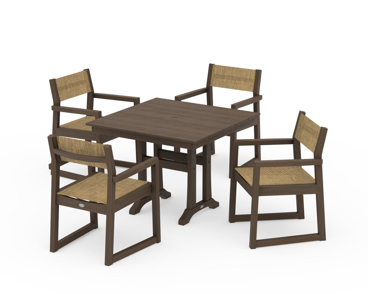 POLYWOOD EDGE Sling 5-Piece Farmhouse Dining Set with Trestle Legs in Kona / Burlap