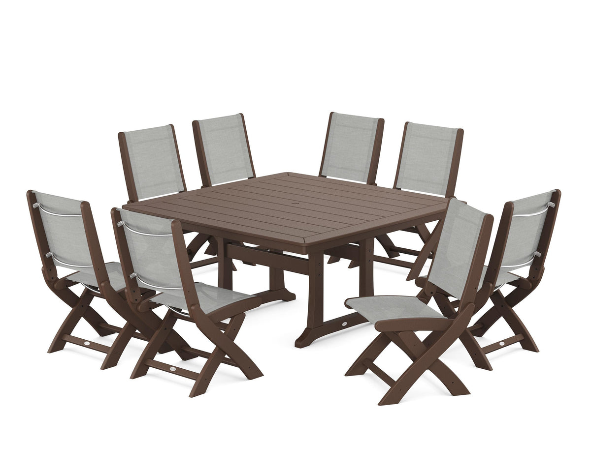 POLYWOOD Coastal Folding Side Chair 9-Piece Dining Set with Trestle Legs in Mahogany / Metallic
