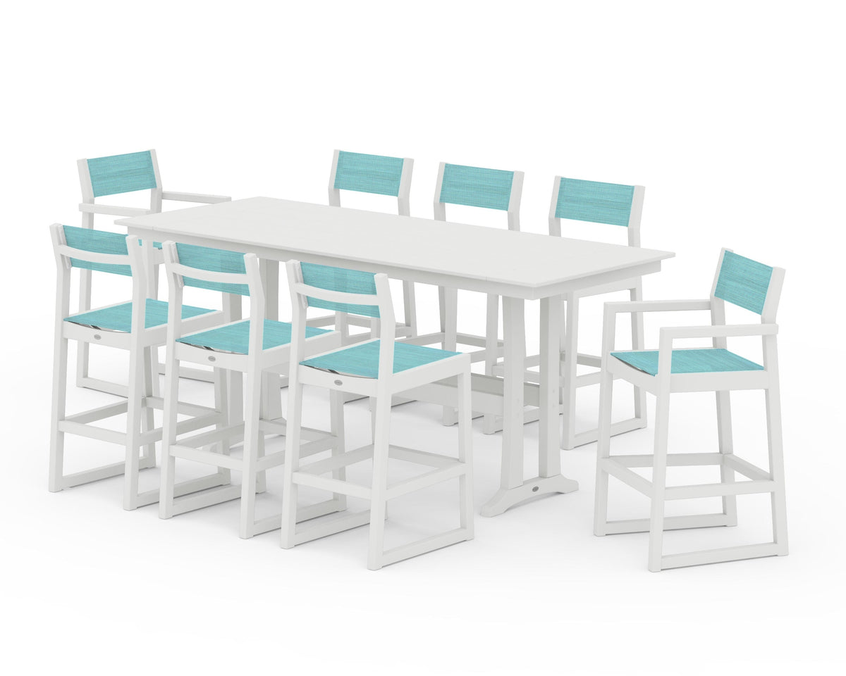 POLYWOOD EDGE Sling 9-Piece Farmhouse Bar Set with Trestle Legs in Vintage White / Dupioni Aquamarine