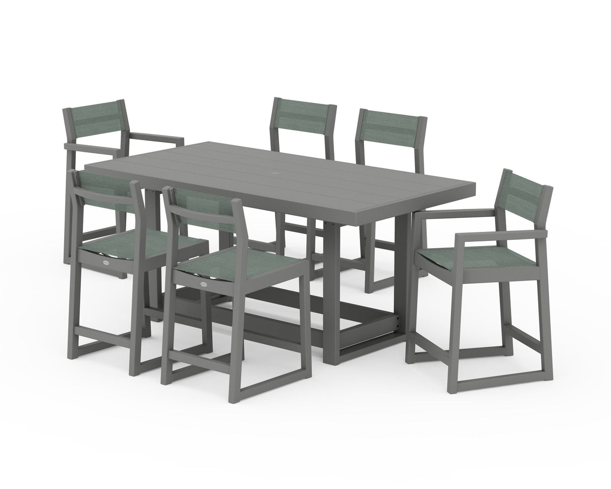 POLYWOOD EDGE Sling 7-Piece Counter Table Set in Slate Grey / Dupioni Sea Mist