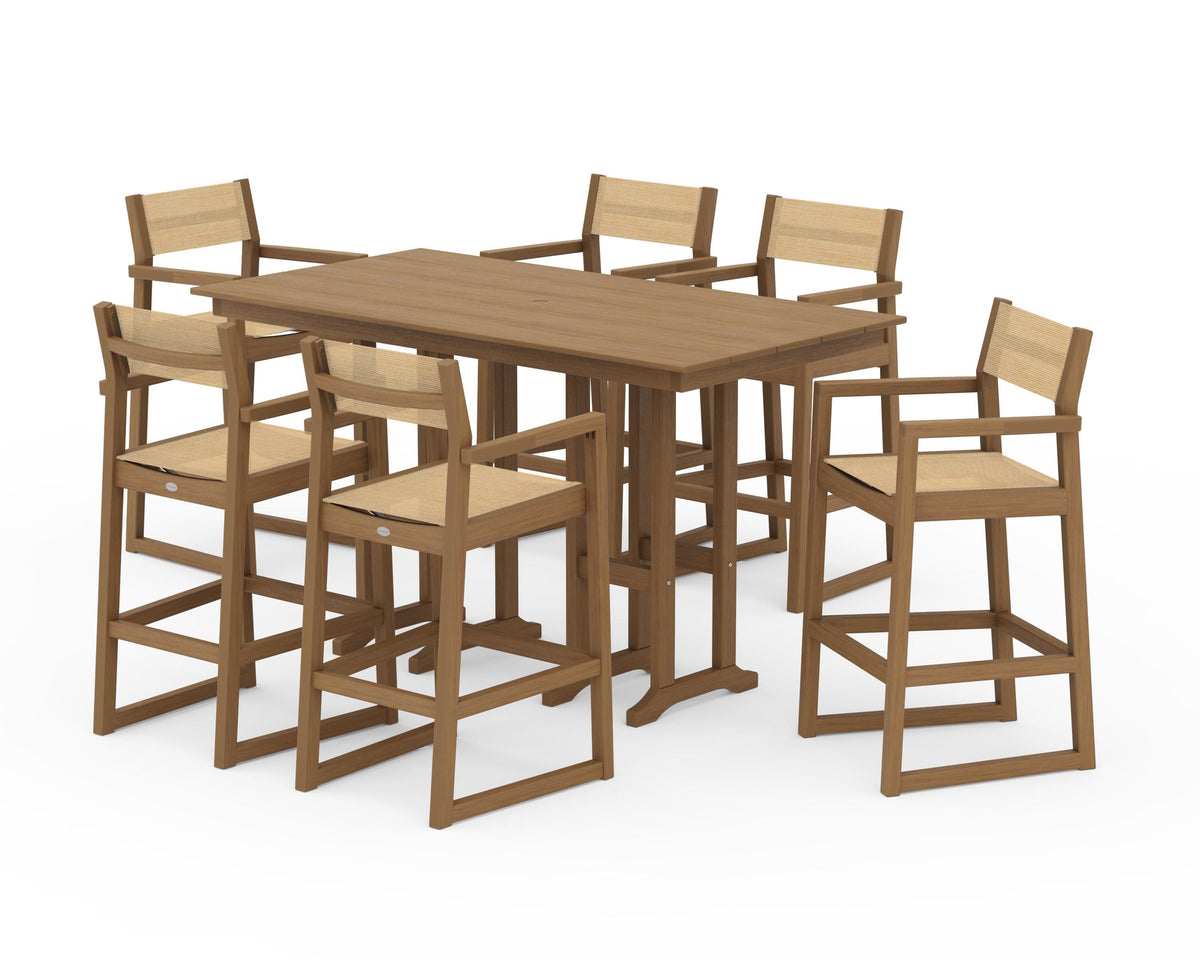 POLYWOOD EDGE Sling Arm Chair 7-Piece Farmhouse Bar Set in Natural / Dupioni Apricot